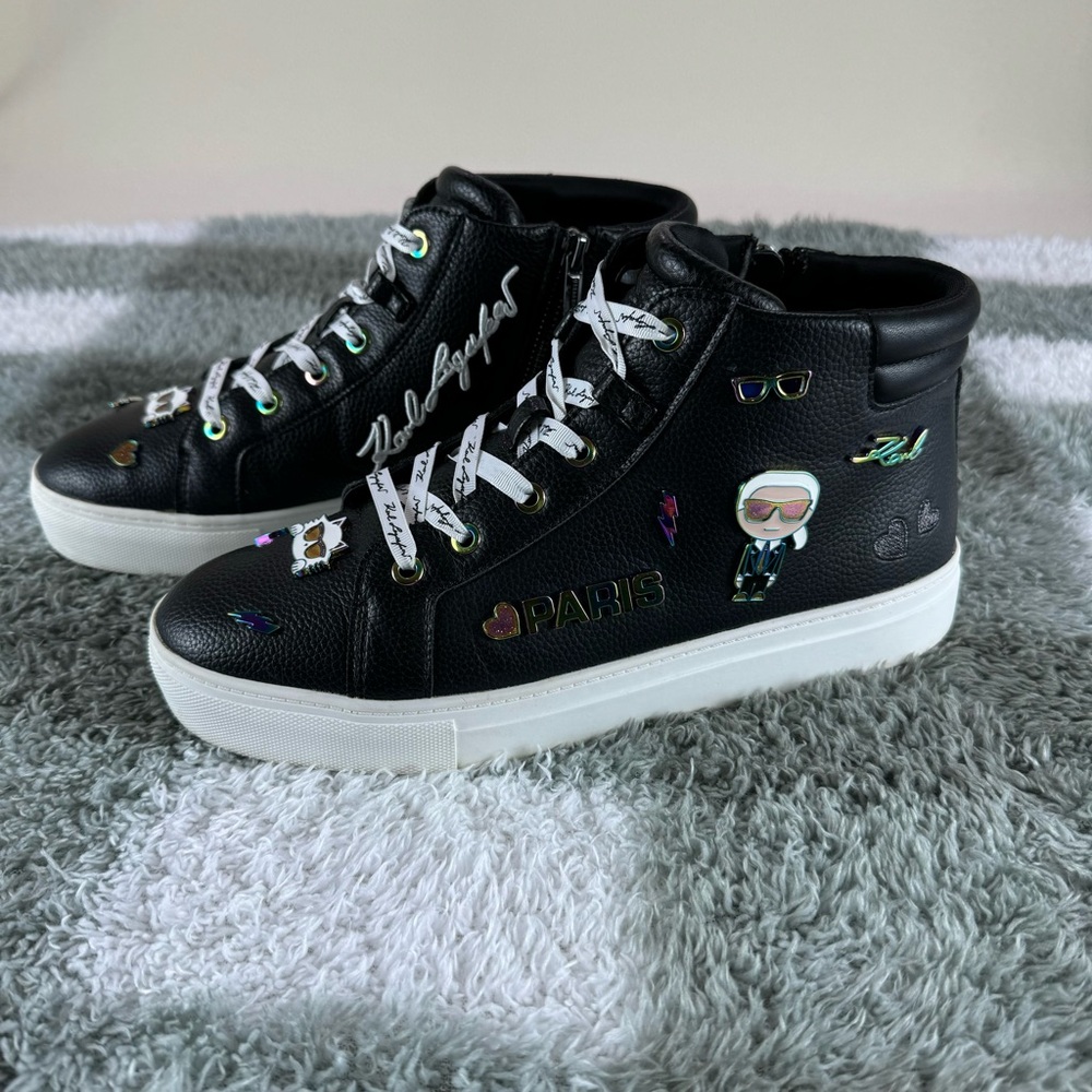 Karl lagerfeld Paris catty high top black leather women’s sneaker size 10 zip up